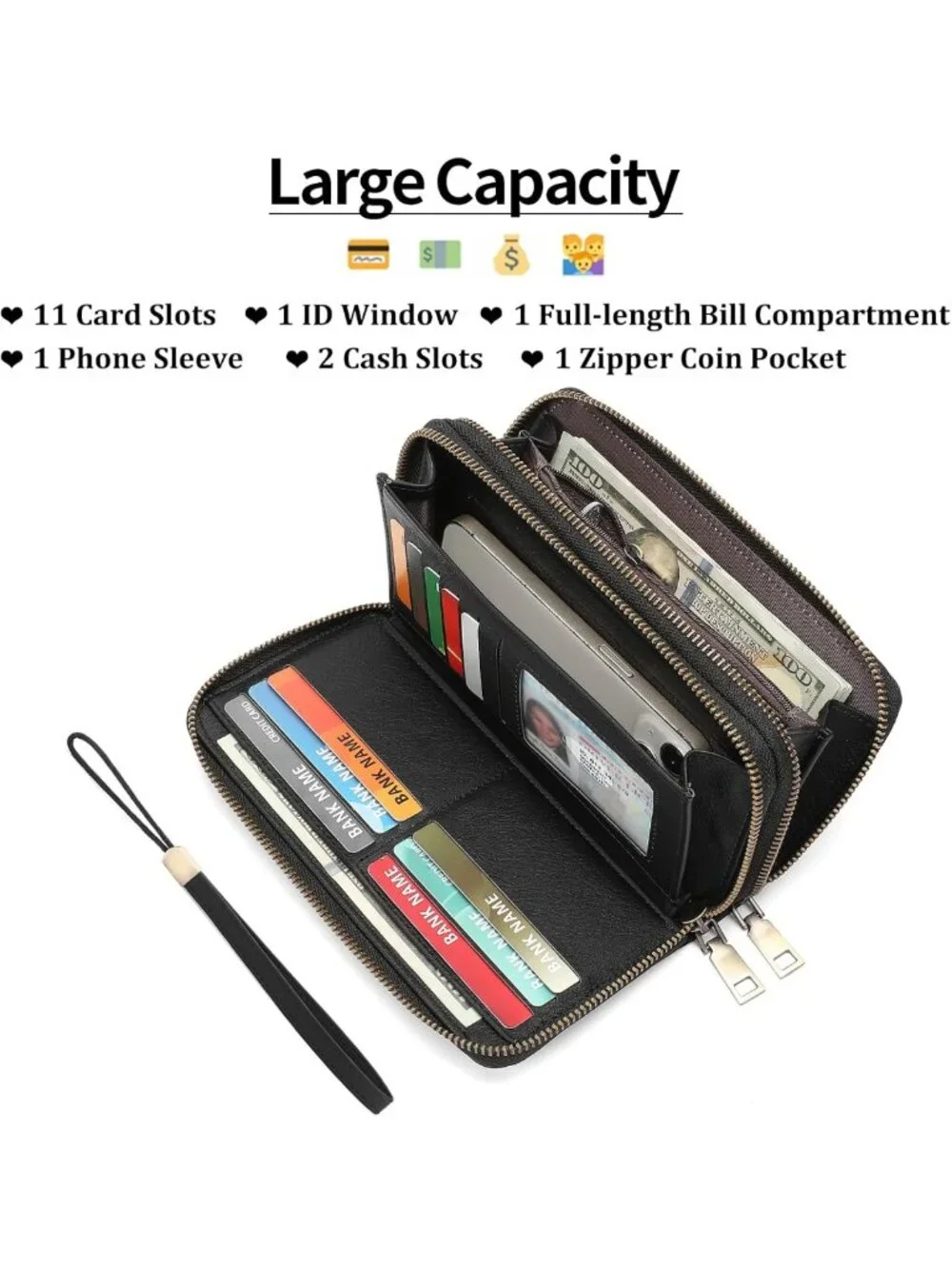 Stylish Black Zip Around Wristlet Wallet for Women - 2 Compartments, Clutch
